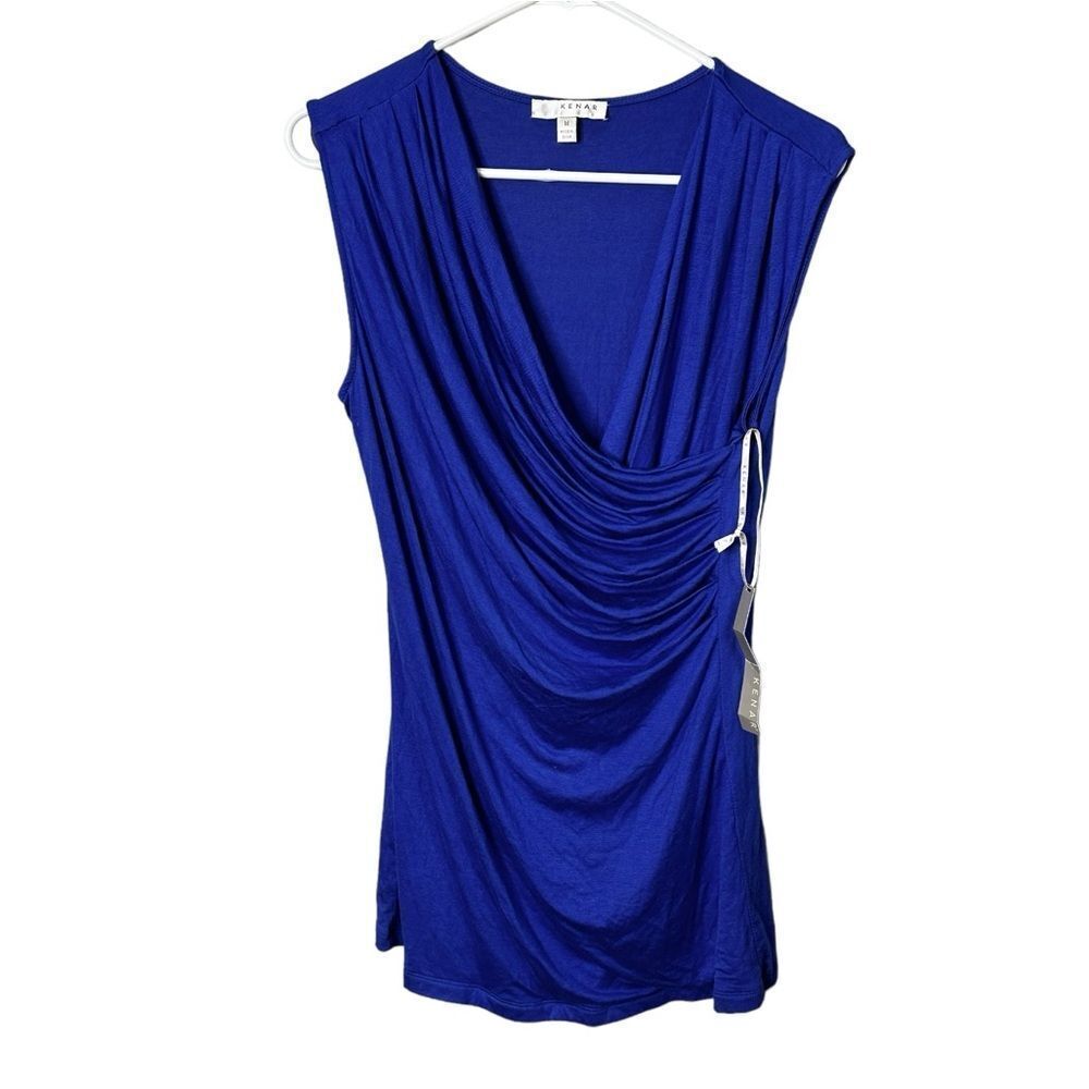 NWT Kenar Size Medium Royal blue v neck faux wrap runched dress